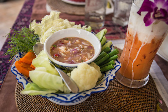 Shrimp tartar and vegetables. Local thai cuisine.