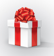 White gift box with a red bow and shadow. Curve red ribbon with a gold stripe tied bow Isolated realistic vector object on white background. 10 EPS