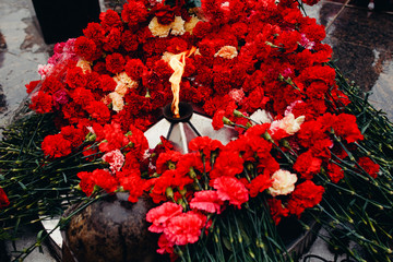 Background of red carnations, eternal fire, soldiers' helmets. Concept is the beginning and end of Second World War, memory of soldiers, day of victory, bloody wars.