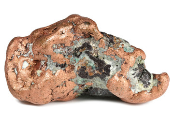 large native copper nugget (157 g) from Keweenaw, Michigan/ USA isolated on white background - obrazy, fototapety, plakaty