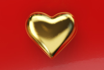 Golden heart on red background. Valentine's Day theme. 3d rendering.