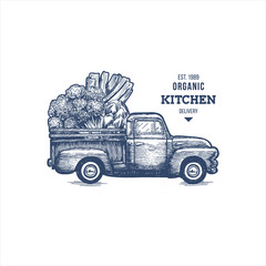 Farm fresh delivery design template. Classic vintage pickup truck with vegetables. Vector illustration © Maria
