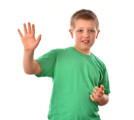 Happy joyful boy on a white background.Hands up