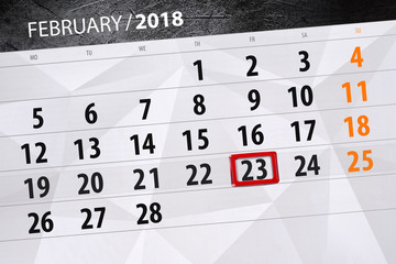 Paper calendar date 23 month February 2018