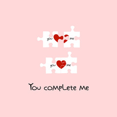 You and Me with Heart sign. You complete me. Valentine's Day. Puzzle pieces. Icon concept of love. Vector illustration, isolated on a pink background for your design greeting card. Flat. Design.