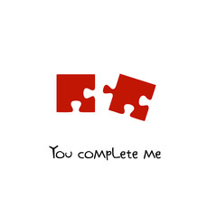 You complete me. Red Puzzle pieces. Valentine's Day. Icon concept of love. Vector illustration, isolated on a blue background for your design greeting card. Flat. Design.