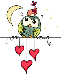 Cute bird and owl in love night landscape
