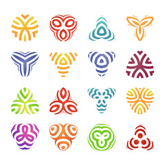 Set of badges and labels elements. Colorful geometric logo shapes. Modern linear design.