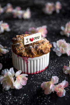 Raspebrries souffle with I love you sign,selective focus
