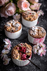 Raspebrries souffles served with love decoration on the table,selective focus