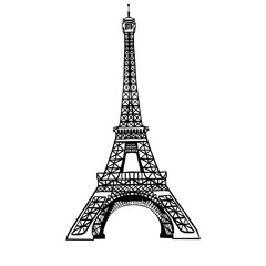 Fototapeta na wymiar Vector sketch black Eifel Tower hand drawn landmark symbol of Paris, France. Great for french invitations, greeting cards, postcards, gifts.