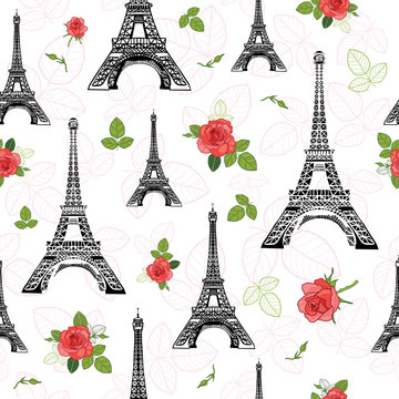 Vector Black Red Eifel Tower Paris and Roses Flowers Seamless Repeat Pattern Surrounded By St Valentines Day Hearts Of Love. Perfect for travel themed postcards, greeting cards, wedding invitations.