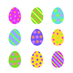 set of cute various colorful painted easter eggs decorated stripes, dots and flowers, flat vector icon