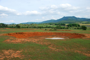 Bomb craters in the world's most heavily bombed place near the Plain of Jars archaeological site in Phonsavan, Laos