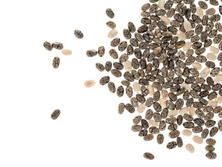 Healthy chia seeds, superfood, high in omega 3. Isolated on white.