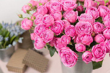 Rose peony Misty Bubbles. Bouquet flowers of pink roses in metal vase. Shabby chic home decor.
