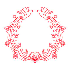 Valentine floral round frame with a heart, doves or pigeons in red color. "Happy Valentine's Day" card or Wedding background in linear style. Template with empty space for text.