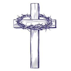 Fototapeta premium crown of thorns, wooden cross. Easter . symbol of Christianity hand drawn vector illustration sketch