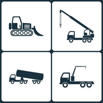 Vector Illustration Set of Truck and Transport Icons. Elements of Loader, Chemical truck and Crane icon