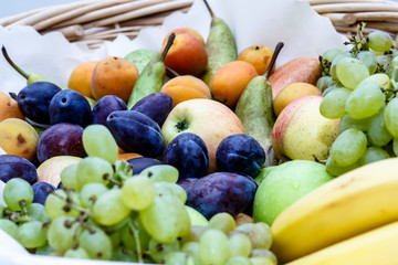 Wicker fruit basket: grapes, plums, bananas, apples, apricots, pears.