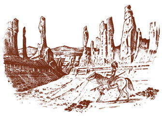 National American Indian riding horse with spear in hand. landscape with mountains and peaks. traditional man. engraved hand drawn in old sketch. desert, Utah, Monument Valley.