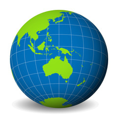 Earth globe with green world map and blue seas and oceans focused on Australia. With thin white meridians and parallels. 3D vector illustration.