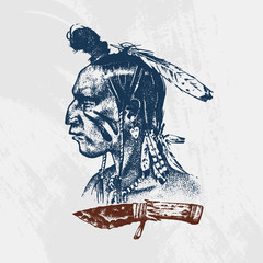 National American and native Indian traditions. Knife and Ax, tools and instruments. engraved hand drawn in old sketch. a man with feathers on his head. emblem or logo.