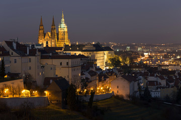Fototapeta na wymiar Winter night Prague City with gothic Castle, Czech Republic