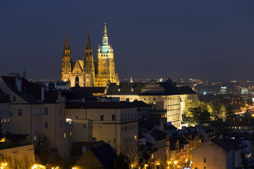 Fototapeta premium Winter night Prague City with gothic Castle, Czech Republic
