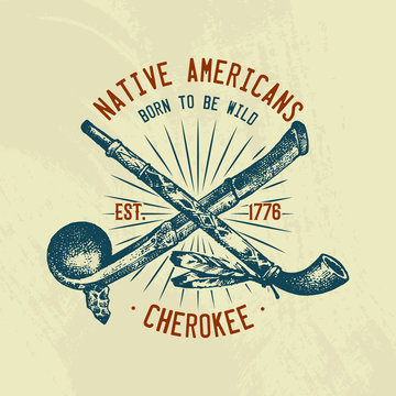 Native Indian traditions T-shirt. National American. Mace and ceremonial pipe, tools and instruments. engraved hand drawn in old boho sketch. man with feathers. ethnic symbol for print, label, emblem.