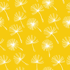 Fototapeta na wymiar Doodle hand drawn dandelion flowers on yellow. Vector seamless minimalistic pattern. Endless pattern for wallpaper, pattern fills, web page background, textures. Hand drawn, botany