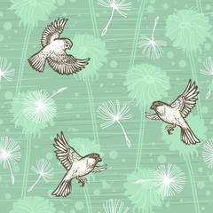 Doodle hand drawn dandelion flowers and flying birds on blue. Vector seamless minimalistic pattern. Endless pattern for wallpaper, pattern fills, web page background, textures. Hand drawn, botany