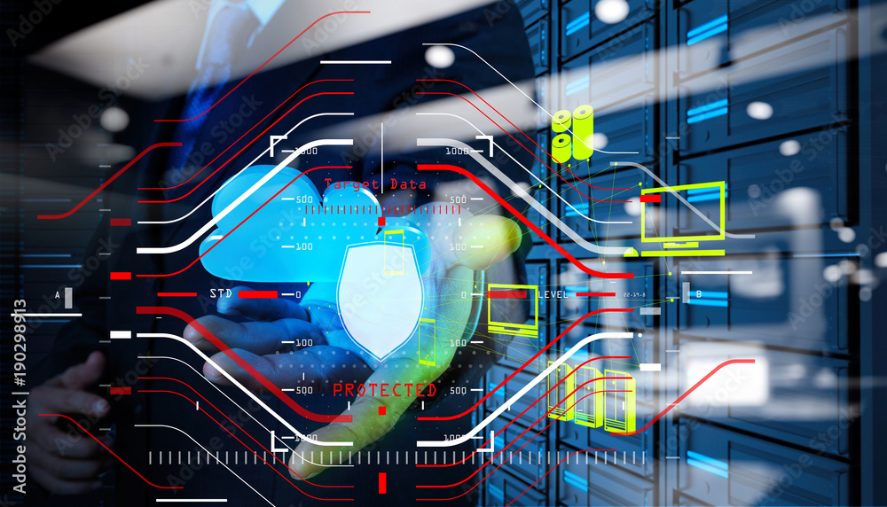 Poster Data Security system Shield Protection Verification concept with computer halogram scanning on data of business and all technology