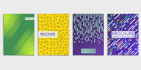 Covers design set for brochure with abstract rounded lines, gradient and halftone effect and geometric shapes pattern. Modern trendy vector illustration.