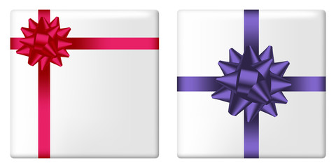 Fototapeta na wymiar Gift box set with bow and ribbon. Giftbox top view with realistic holiday decorations on package. Vector illustration.
