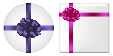 Gift box set with bow and ribbon. Square and round giftbox top view with realistic holiday decorations on package. Vector illustration.