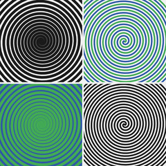 Hypnotic circles set. Collection of psychedelic spiral backgrounds. Abstract hypnosis optical illusion swirls. Vector illustration.