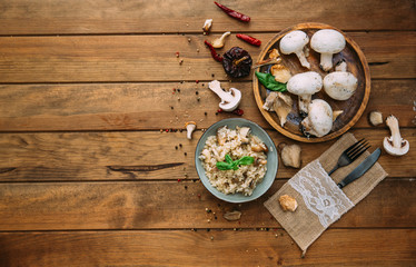 risotto with porcini mushrooms and thyme close-up on the plate. Horizontal view from above