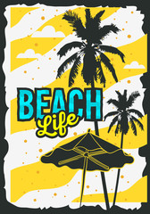 Beach Summer Poster Design With Palm Trees And Beach Umbrella Illustration.