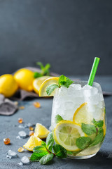 Cold alcohol mojito cocktail, long drink beverage, lemonade