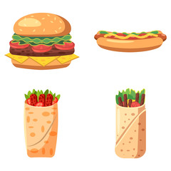 Fast food icon set, cartoon style