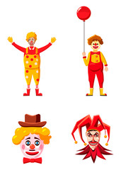 Clown icon set, cartoon style