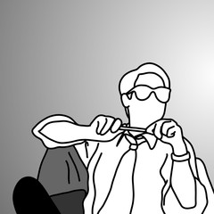 businessman put the foot on the desk with pen on his hands thinking about something vector illustration doodle sketch hand drawn with black lines isolated on gray background.  business concept.