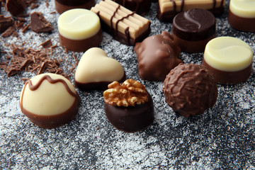 a lot of variety chocolate pralines, belgian confectionery gourmet chocolate