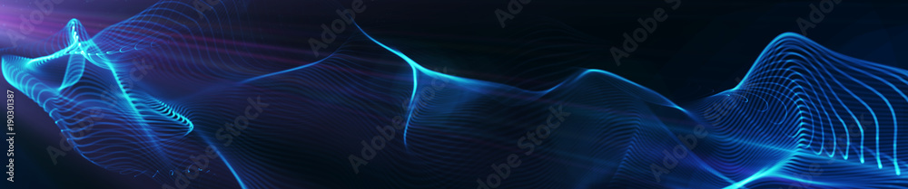 Poster Panoramic abstract digital flowing particle string background hero