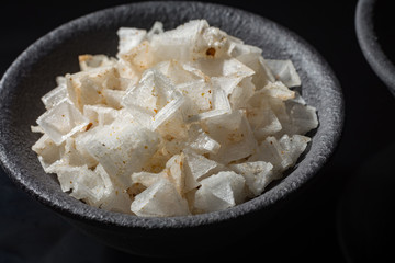 Macro collection, white sea salt pyramide flakes mixed with spices
