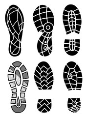 Footprint icons isolated on white background. Vector art. Collection of a imprint soles shoes. Footprint sport shoes big vector illustration set
