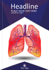 Cover template for books, banner, journal. Sick human realistic lungs and trachea in low poly. Pleurisy, an inflammation around the lungs. Vector.