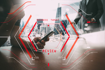 Online Reviews Evaluation Concept with computer halogram scanning on data of business and all technology