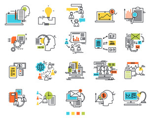 Icons for e-business. Engineering idea icons. Sosial media. The thin contour lines with color fills